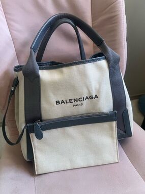 Balenciaga Ivory Canvas Tote with Gray Trim